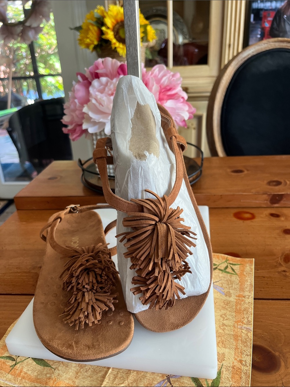 Vionic Tan Suede T-Strap Sandals with Pom-Pom Detail